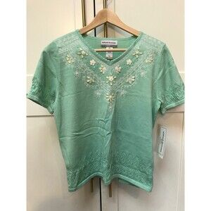 NWT Green Alfred Dunner Short Sleeve Knitted Sweater Floral Beaded Women's Sz PM